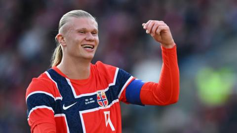 Erling Haaland celebrates scoring for Norway