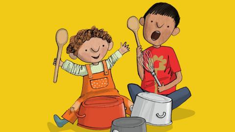 Illustration of two children using pots and pans as drums.