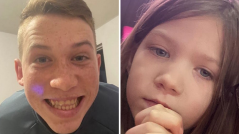 A composite of Darcie and Roman Casselden. Only their faces can be seen in the picture. Darcie has brown hair, blue eyes and is expressionless. Roman is smiling at the camera.