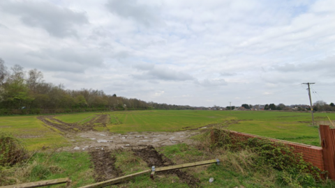 A green, but muddy field lines with trees to both the left and right