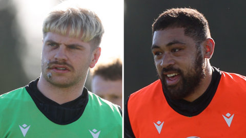 Aaron Wainwright showing signs of facial cuts and Taulupe Faletau pictured at Wales' Six Nations training camp in Nice on Monday, 3 February