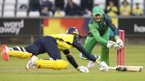 Jonathan Bushnell of Durham is run out during the Vitality T20 Blast match between Durham and Leicestershire Foxes at the Seat Unique Riverside in Chester le Street