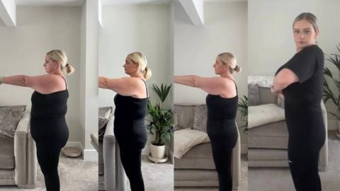 Four frames of a woman, all in which she has gradually lost weight
