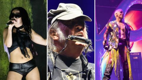 Charli XCX, Neil Young and Jake Shears from the Scissor Sisters in a composite image