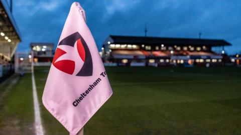 A corner flag showing Cheltenham's club crest at the Completely Suzuki Stadium