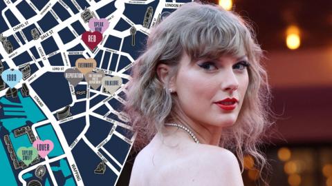 Taylor Swift and a map of Liverpool's 'Taylor trail'