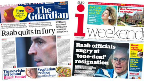 The headline in the Guardian reads 'Raab quits in fury' and the headline in the i Newspaper reads 'Raab officials angry at tone-deaf resignation'