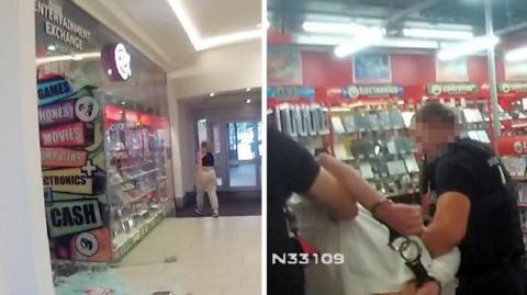 A composite image showing smashed glass in a shop and police arresting a person in handcuffs