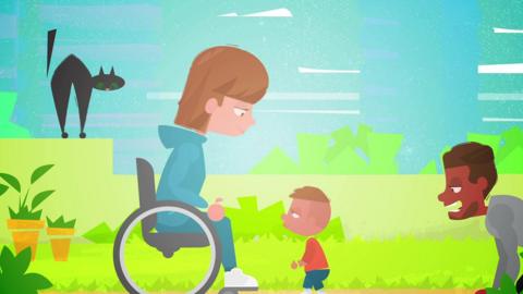 An animation still of two parents, one of whom uses a wheelchair, talking to their child in the back garden