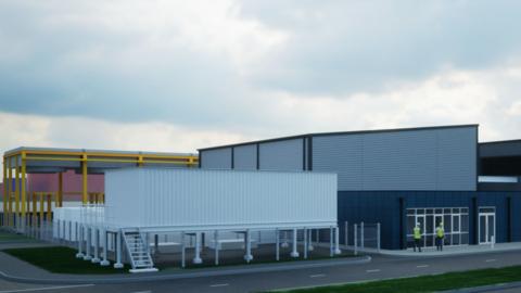 Llun artist o sut allai'r safle cynhyrchu hydrogen newydd edrych