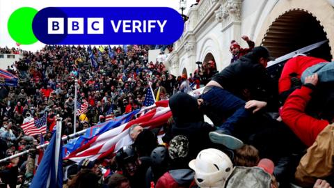 BBC Verify logo on top of a scene from Capitol riot on January 6, 2021