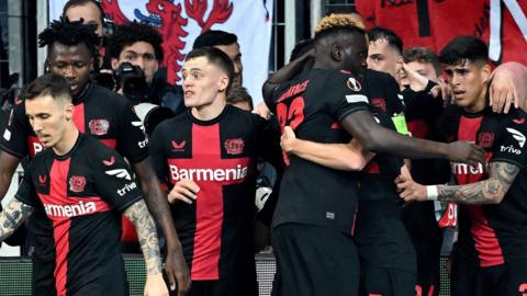 Bayer Leverkusen players celebrate goal v West Ham in Europa League