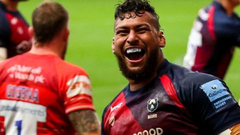 Nathan Hughes celebrates Bristol's second try against Leicester