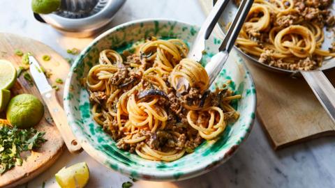 Miso aubergine and pork bucatini