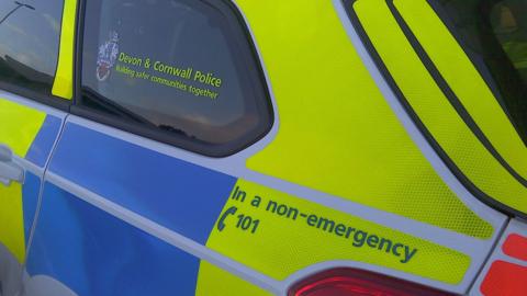 A picture of the side of a Devon and Cornwall police car. It has the forces logo on it.