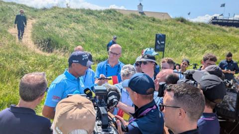 Padraig Harrington speaks to reporters 