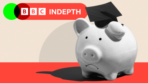 Treated image of a piggy bank with a sad face and a square academic cap/graduate cap on top of it