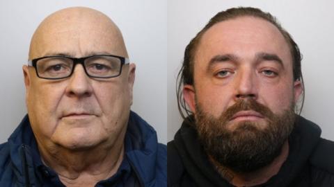 On the left is a police custody photo of Colin Benson. He is bald and is wearing thick-rimmed glasses and a navy blue coat. On the right is Joshua Rose. He has long dark hair and a beard and is wearing a black hooded jumper.