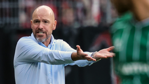 Bayer Leverkusen boss Erik ten Hag reacts during a match