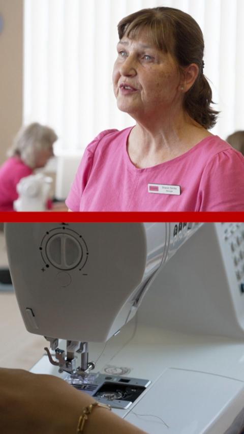 A split image, the top half shows a woman in a pink top with brown hair. The bottom half is a sewing machine.
