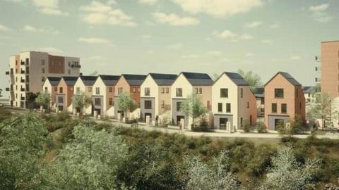 Artist's impression of the Farringdon Row development. A number of three-storey detached houses stand next to each other with a six-storey apartment block visible on the far left. The properties overlook a grassy banked area.
