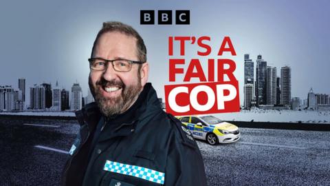 Police officer standing against a backdrop of a road with a police car