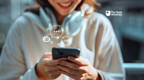 Young woman looking at a mobile phone with graphical representations of AI chatbots floating around 