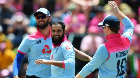 England leg-spinner Adil Rashid (centre) celebrates taking a wicket in the third ODI against South Africa