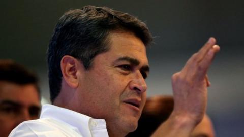 Honduras President and National Party candidate Juan Orlando Hernandez speaks as he celebrates with supporters after the first official presidential election results were released in Tegucigalpa, Honduras, November 27, 2017