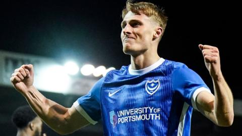 Owen Moxon celebrates scoring for Portsmouth