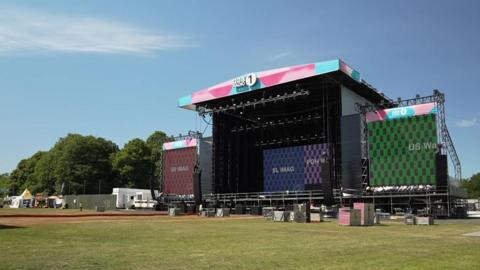 Radio 1 Big Weekend stage set up in Sefton Park in Liverpool