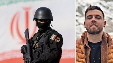 A composite image shows an Iranian security official and Erfan Soltani.
