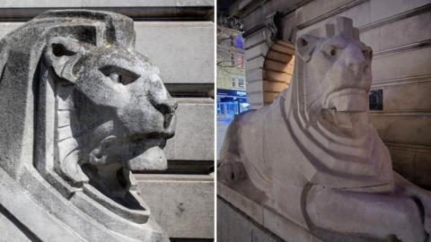 Composite of the lion statue before and after a clean