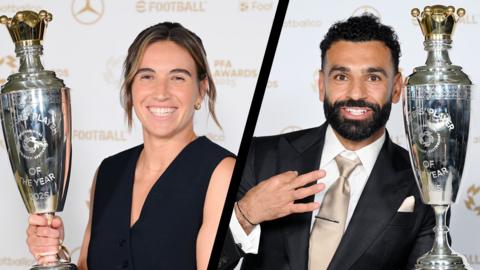 Two images of players holding a large silver trophy, Mariona Caldentay and Mo Salah