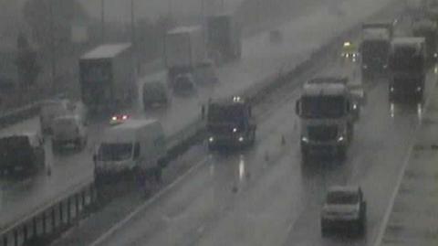 A camera image of a van which has crashed into the central reservation of the M62 motorway