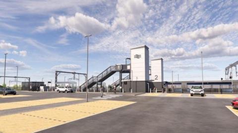 An artist's impression of the new train station at Balgray, showing the car park and the walkway connecting both platforms.