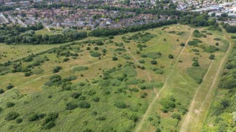 An aerial view of greenery at Wormwood Scrubs Nature Reserve, with a view of homes in the area lining the edge of the reserve.