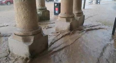 The entrance to Chard Guildhall in Somerset awash with water.