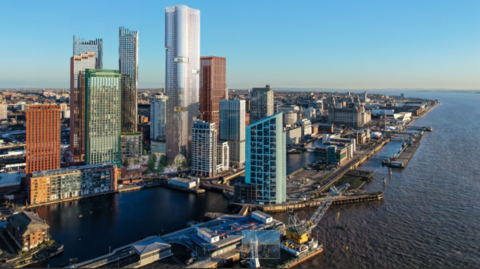 A photo of the new imagined 70-storey tower surrounded by other skyscrapers on Liverpool's waterfront