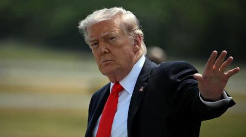 Donald Trump, wearing a suit, raises a hand towards the camera.