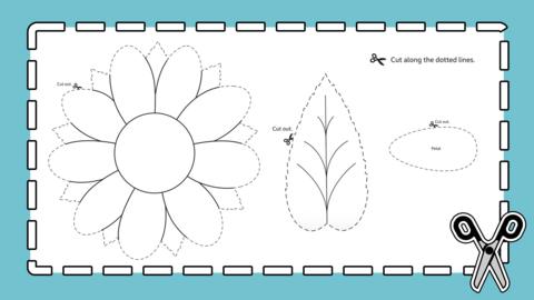 Line drawing of sunflower petals and head, and leaves - to cut out and customise by a child.
