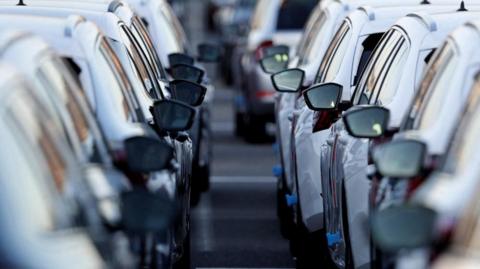 A picture taken between two long lines of new, white-coloured cars. Two rows of wing mirrors stretch into the distance. 