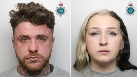 Two mugshots - on the left is a man with short, wavy brown hair with a beard, a tattoo on his neck and a grey top. On the right is a woman with long hair - half blonde, half black - and wearing a nose ring and a grey top.