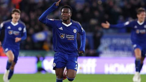Abdul Fatawu celebrates scoring his sensational goal for Leicester