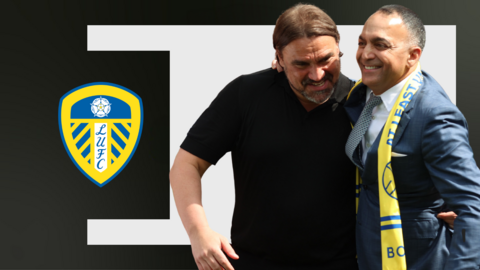 Daniel Farke and Paraag Marathe, in front of a white and black background and the Leeds club badge