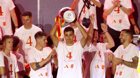 Spain players parade the European Championship trophy