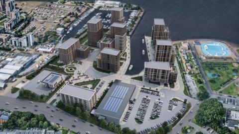 Computer-generated imagery from an aerial view of the new development plans being reviewed by Medway Council. High-rise apartment complexes like the waterfront to the north. A supermarket and car park can be seen to the southeast. A South Gas Network building and retirement facilities make up the south and southwest of the design.