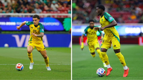 Side-by-side images of Joel Latibeaudiere and Ephron Mason-Clark in yellow Jamaica kits