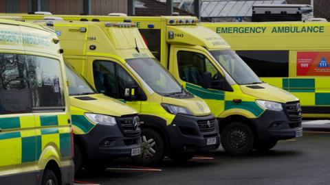 A row of yellow ambulances parked outside a hospital.