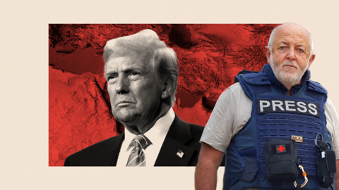 A montage image: Includes black and white image of Trump and a red map. On the right is Jeremy Bowen in a blue press vest.
